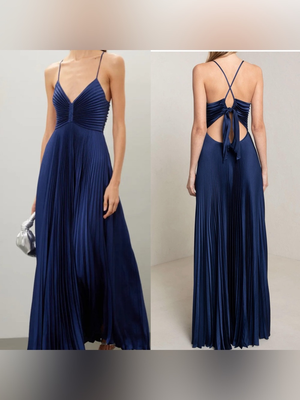 A.L.C. Aries Satin Pleated Maxi Dress Navy Blue Ruched Backless Gown Size 8